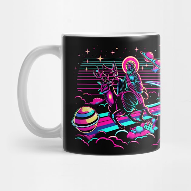 COOL JESUS RIDING RAINDEER RAINBOW RETRO 80'S NEON VIBE by athirdcreatives